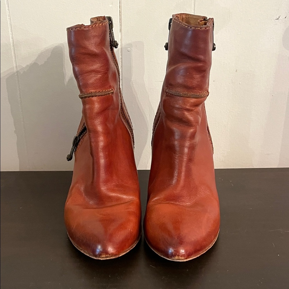 Frye Cognac Leather Ankle Booties with Side Zips